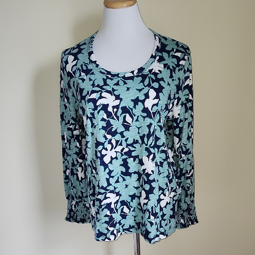 Chico's Teal, Navy & White Floral Long Sleeve Blouse
